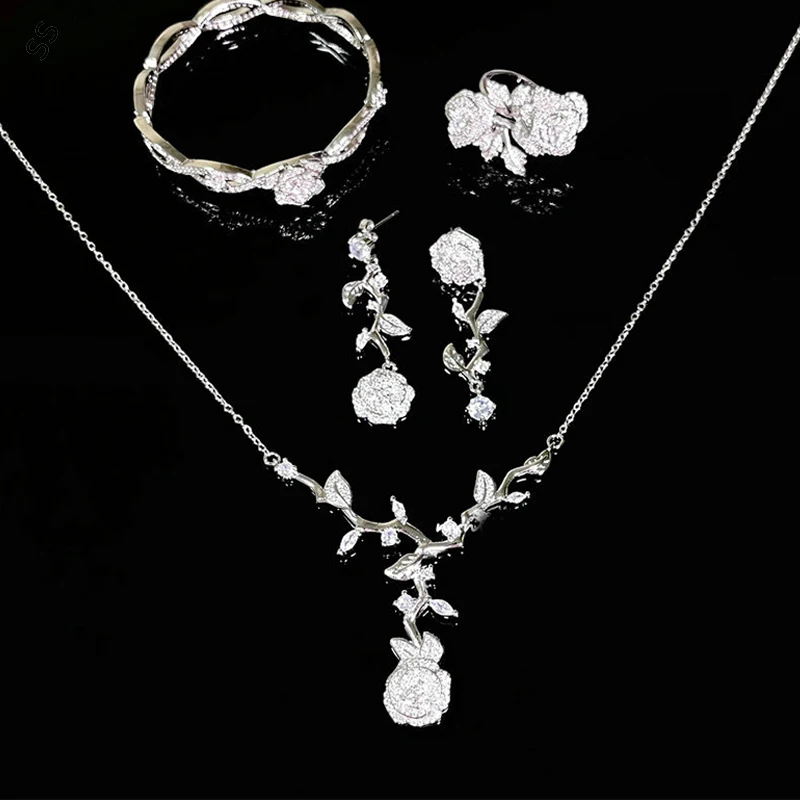 

American Fine Cut Rose Series Jewelry Sets Hand Inlaid Gemstone Ring Necklace Bracelet Earrings for Women Dresses Accessories