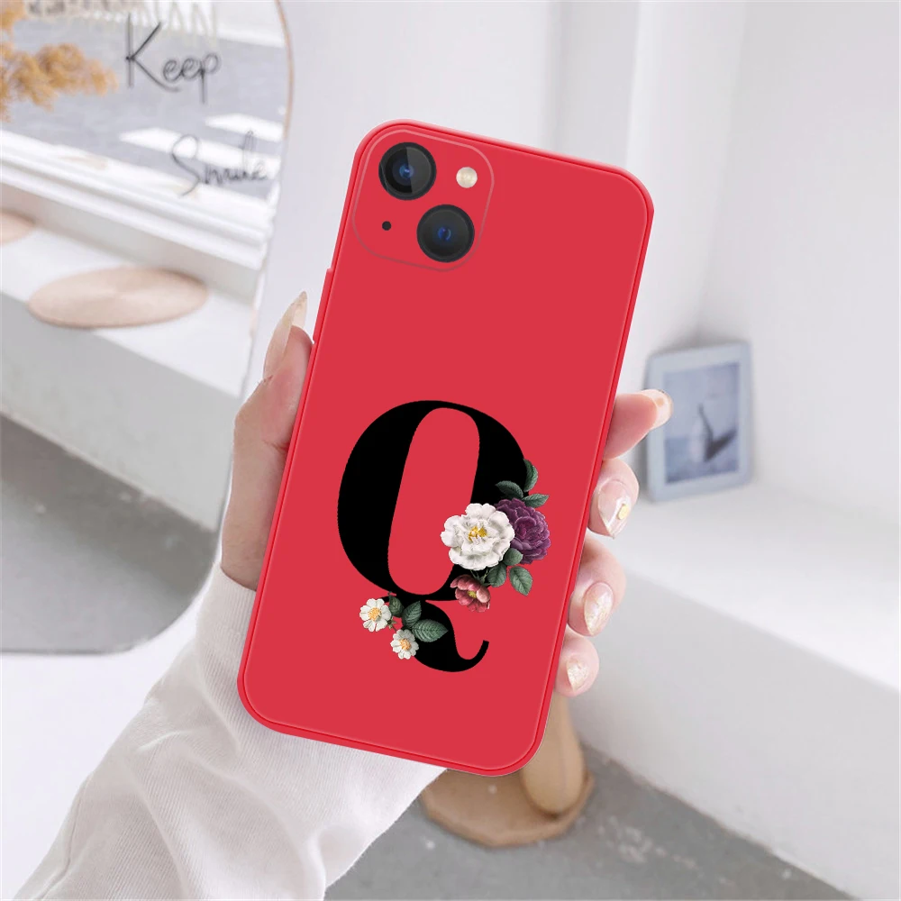 Фото Модный силиконовый чехол для телефона с буквой A Z для iPhone 12 13 ProMax 12 13 mini Retro черный цветок китайский красный чехол-накладка №2