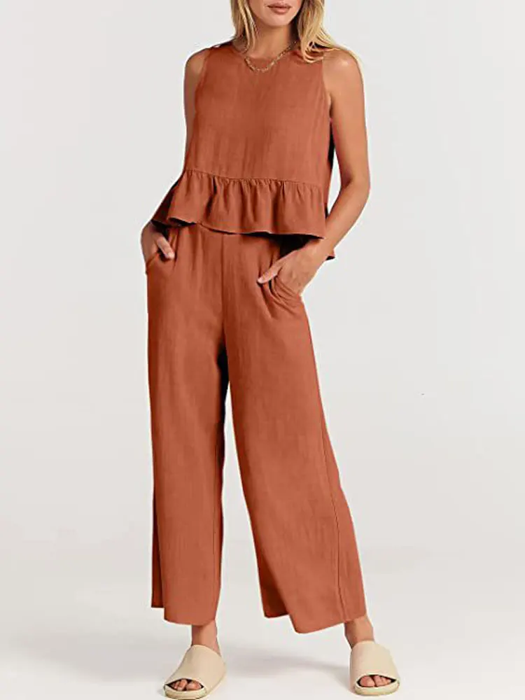 2023 Summer Cotton Linen Pajamas two piece Set Women Sleepwear Sleeveless Lounge Wear Sets Home Suit Female Loose Pj Set XXXL