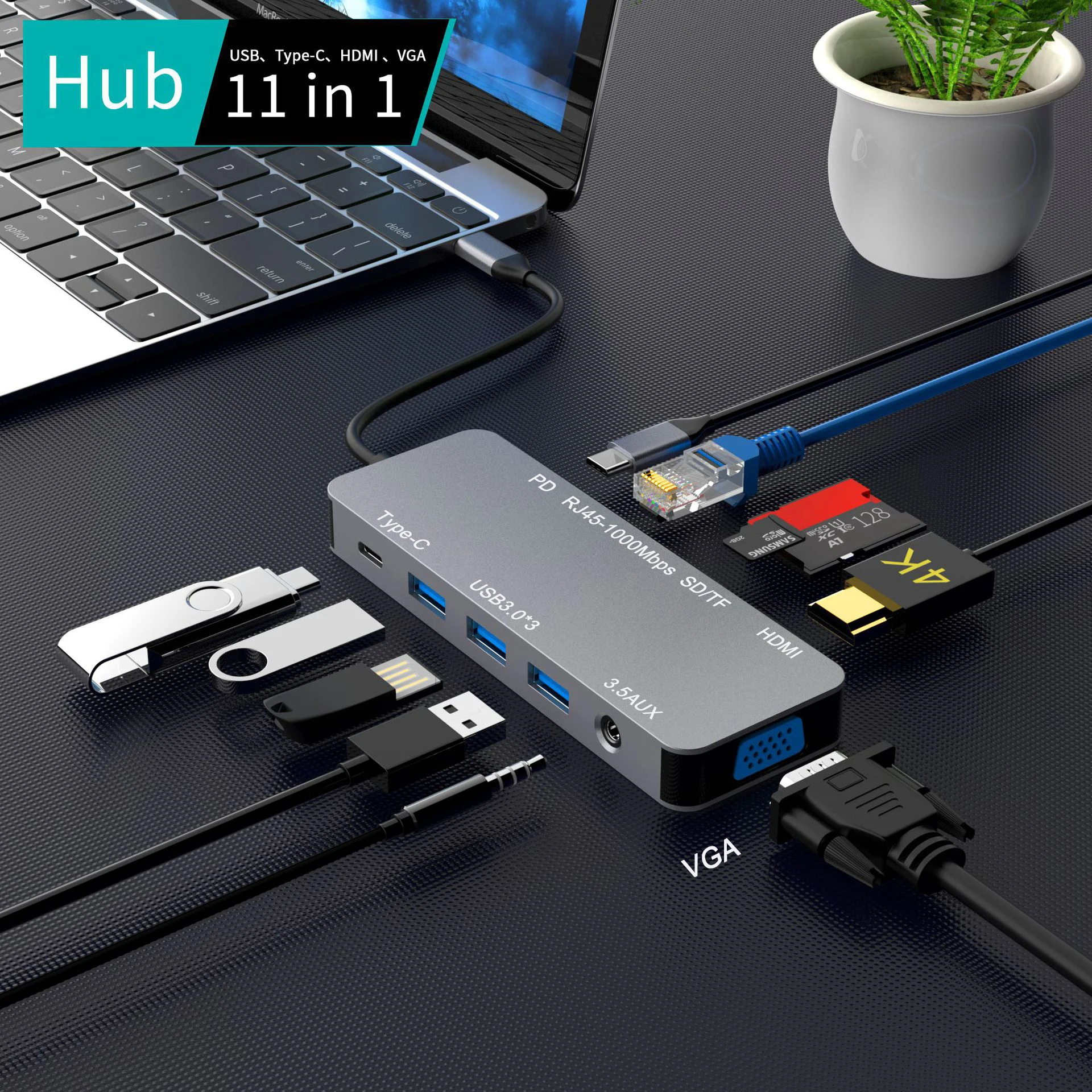 

USB C Hub 11-in-1 Type C Hub Docking Station with Gigabit Ethernet,4K USB C To HDMI,VGA,SD/TF,Mic/Audio,PD for MacBook Air/Pro