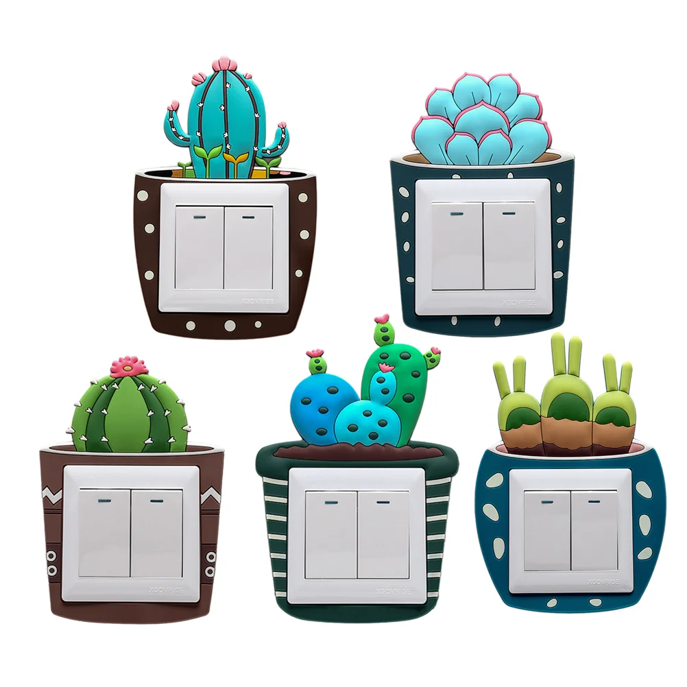 

5pcs Cartoon Cactus Luminous Button Switch Sticker Switch Protective Cover Glow in the Dark Kids Room Wall Decal (Random