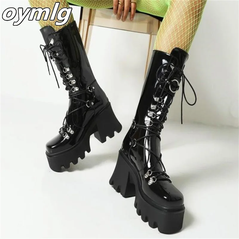 2022 Winter Punk Rock Style Gothic Cosplay Motorcycle Biker Combat Mid Calf Boots Platform Shoes Chunky High Heels 35-43
