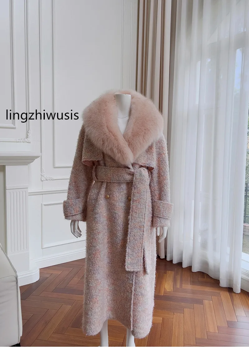 Lingzhiwusis Новогодняя боевая одежда роскошный Лисий меховой воротник нежно розовый