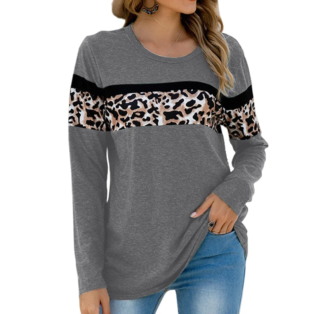 Spring and Autumn Women Fashion Round Neck Patchwork Leopard Print T-Shirt Casual Fashion Pullover Long Sleeve Loose Tops
