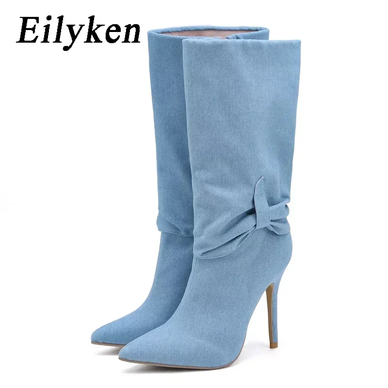 

Eilyken/Новый дизайн; Женские сапоги до колена из джинсовой ткани со складками; Пикантная обувь на тонком каблуке с острым носком; Длинные ботиночки с боковой молнией