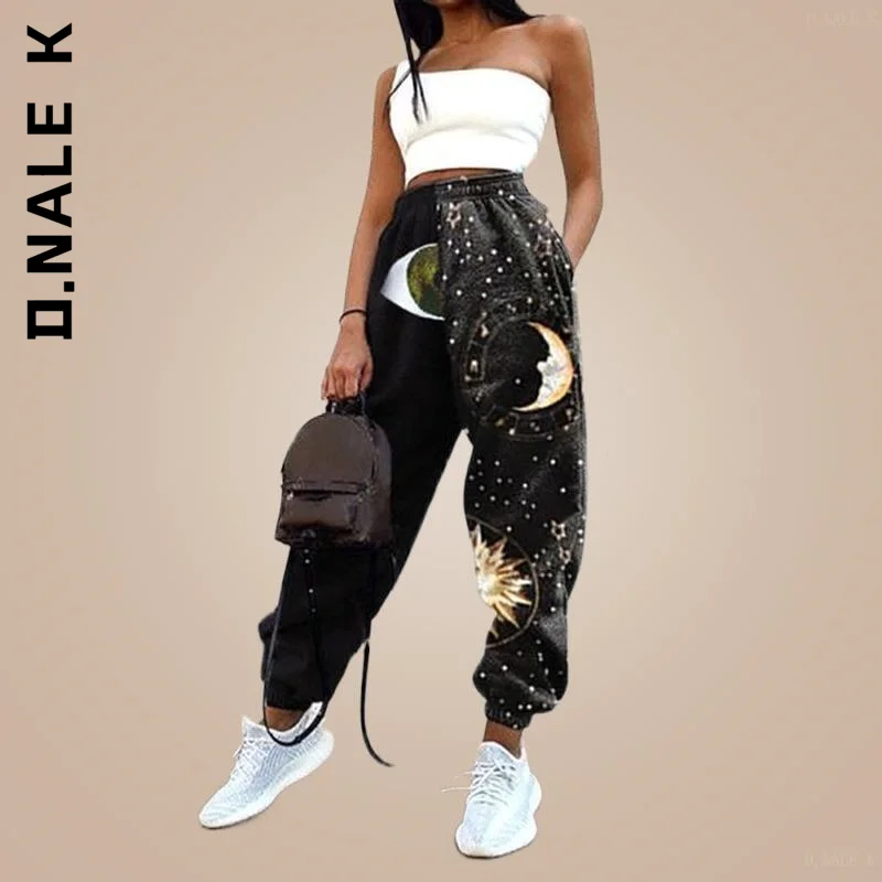 

D.Nale K High Waist Wide Leg Pants Women Sweatpants Sportwear Ladies Casual Sun and Moon Print Loose Bottoms Pant Trousers 2022