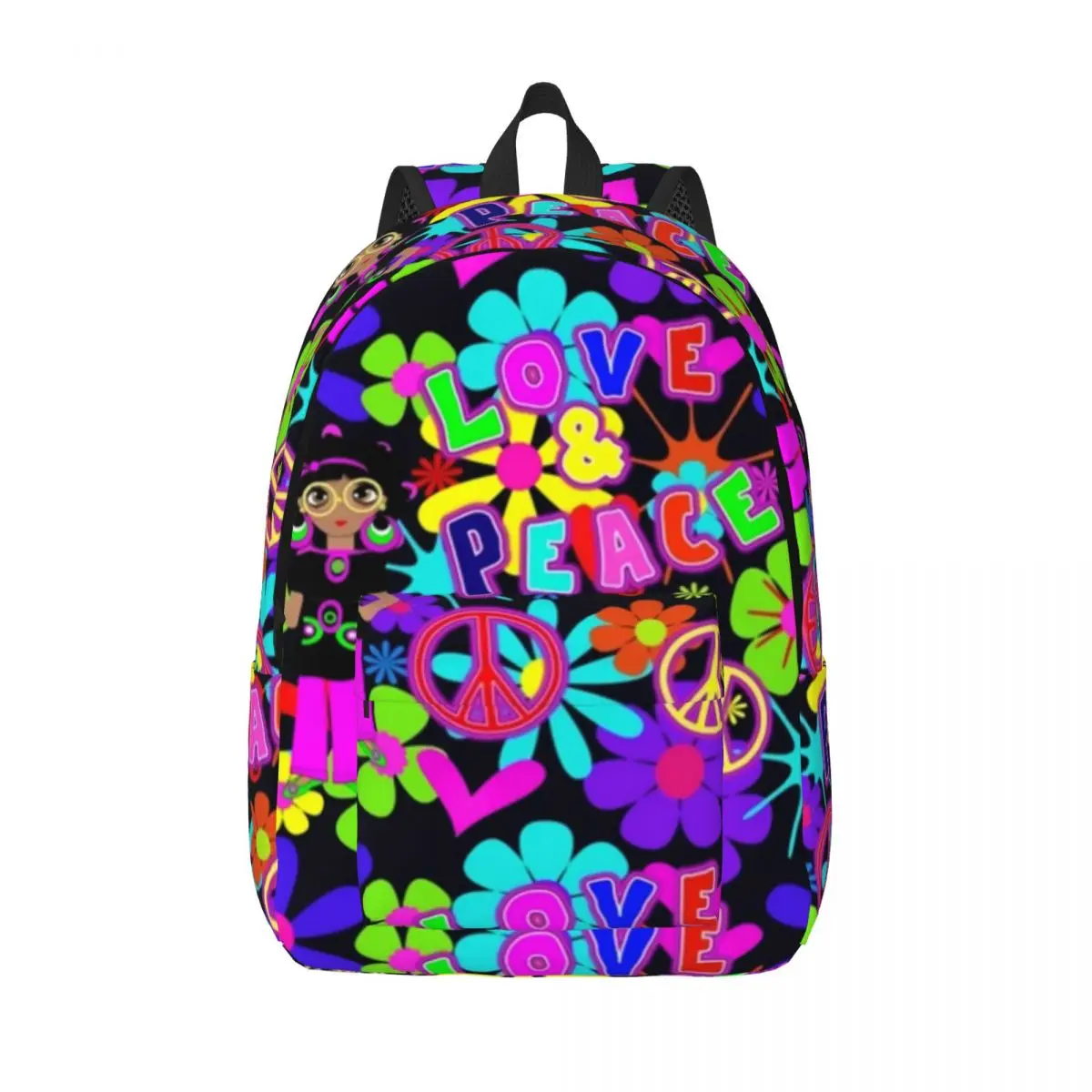 

Hippie Flower Power Canvas Backpacks Peace Colorful 60s Retro Bag Travel Backpack Lightweight Charm Bags