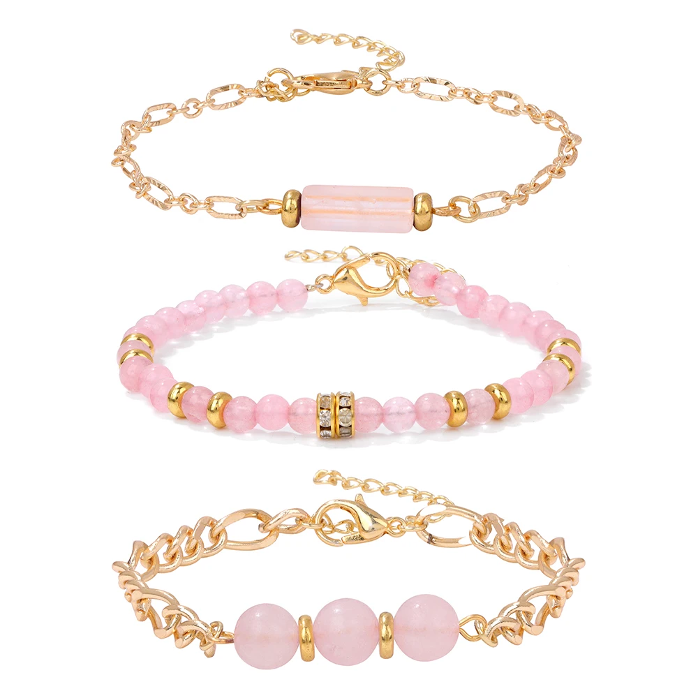 3 розовые кварцевые золотые браслеты натуральный камень фиолетовый кристалл
