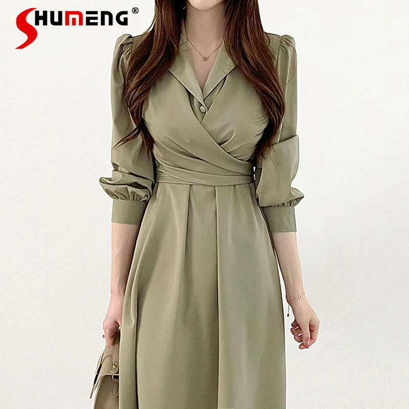 

2022 Spring New Elegant Office Lady Lapel Cross Lace-up Waist Green Midi Dress Business Long Puff Sleeve Shirt Dresses for Women