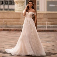 jeheth sexy off shoulder tulle backless beach wedding dresses vintage lace applique beads belt bride gown vestidos de novia 2022