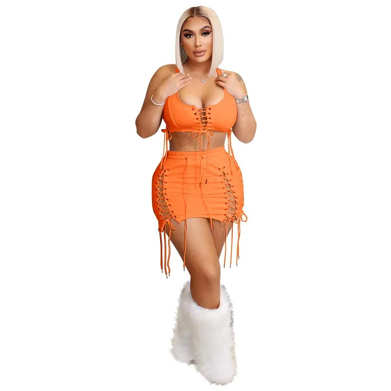 

Skirts Two Piece Sets Women Tank Crop Tops And Mini Skirt Suit Summer New Eyelet Cross Lace Up Hollow Sexy Clubwear Outfits 2022