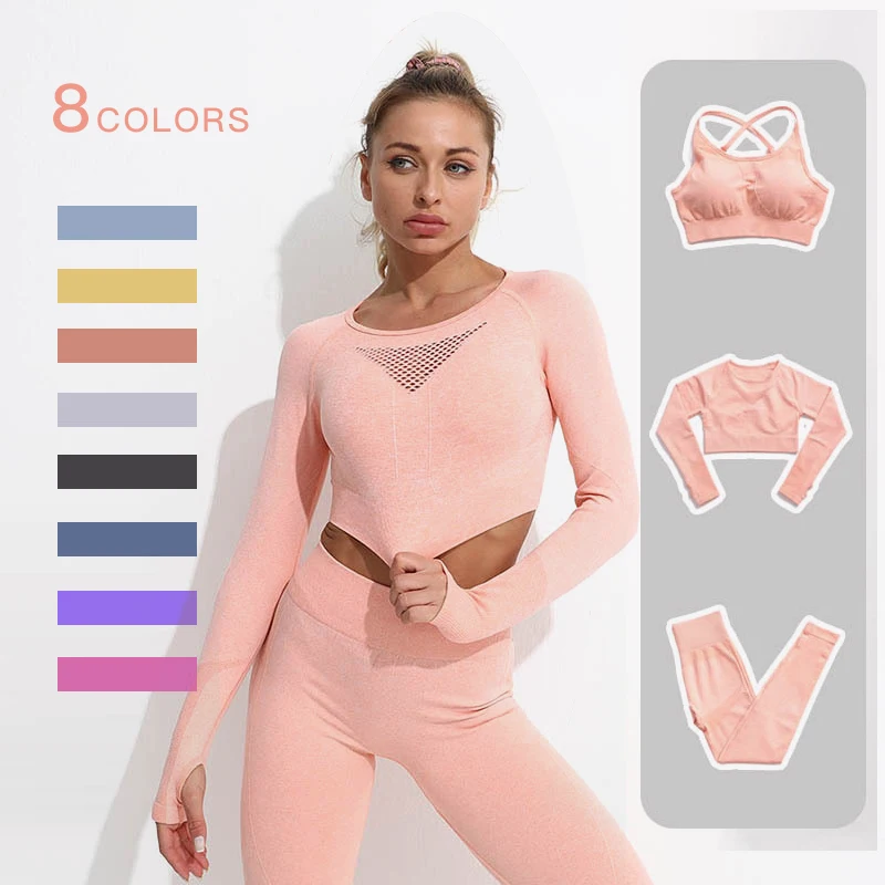 

2/3PCS Seamless Women Yoga Set Workout Sportswear Gym Clothing Fitness Long Sleeve Crop Top High Waist Leggings Sports Suits