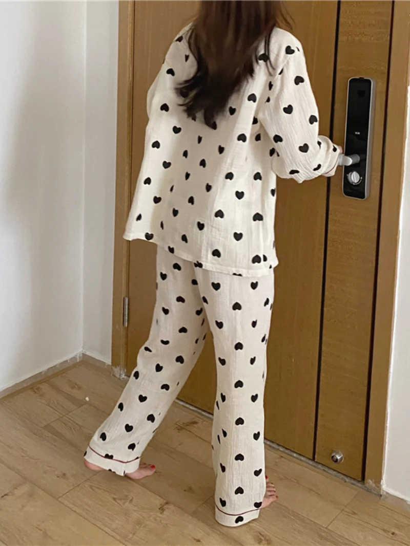 Love Pajamas Women's  Bedgown Spring/ Autumn Double-layer Yarn Cotton Gauze   Long-sleeved Two-piece Suit Breathable Home Wear