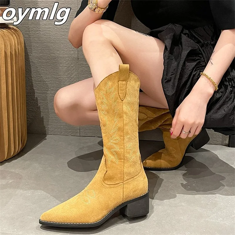 

Vintage embroidered western cowboy boots women's V-mouth long-tube rider boots thick heels slim all-match suede high boots