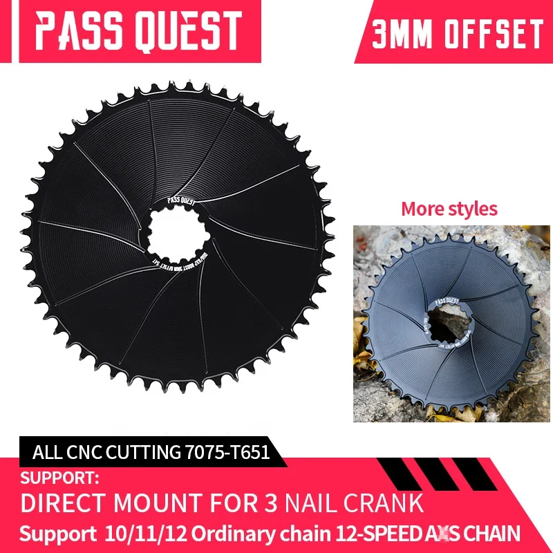 PASS QUEST 3mm Offset AERO 3 nails Bicycle Chainring 36T-54T For DUB/GXP GX SX 12 Speed Chainwheel Narrow Wide Teeth Close disc