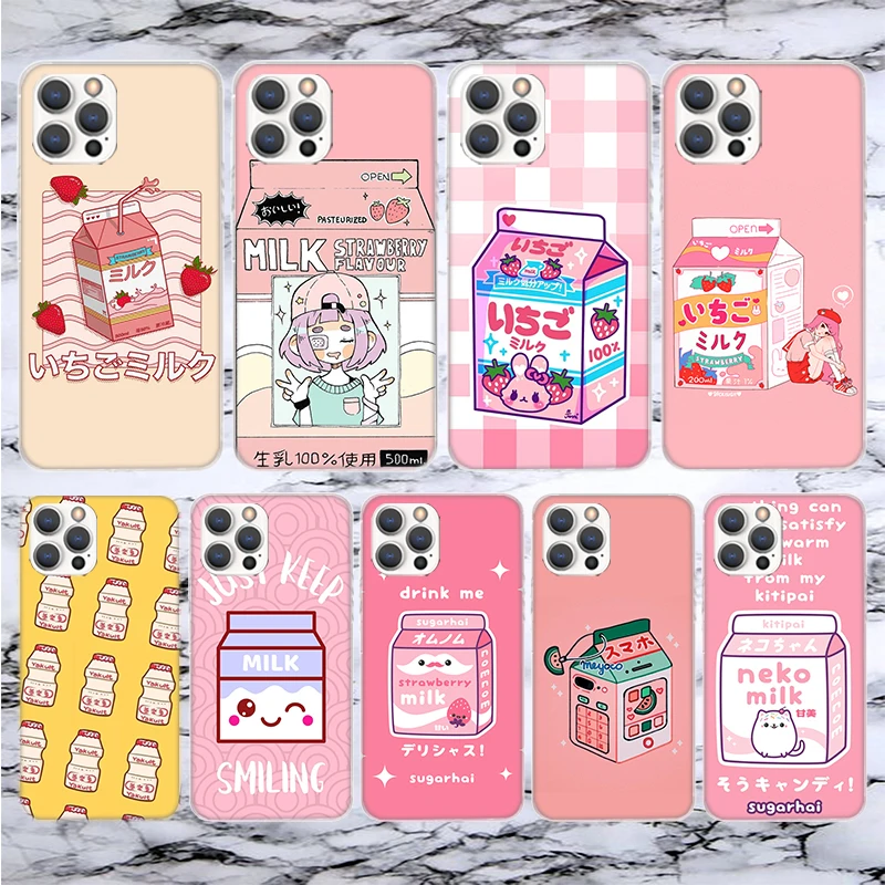 Kawaii Japanese Strawberry Milk Box Soft Phone Case For iPho