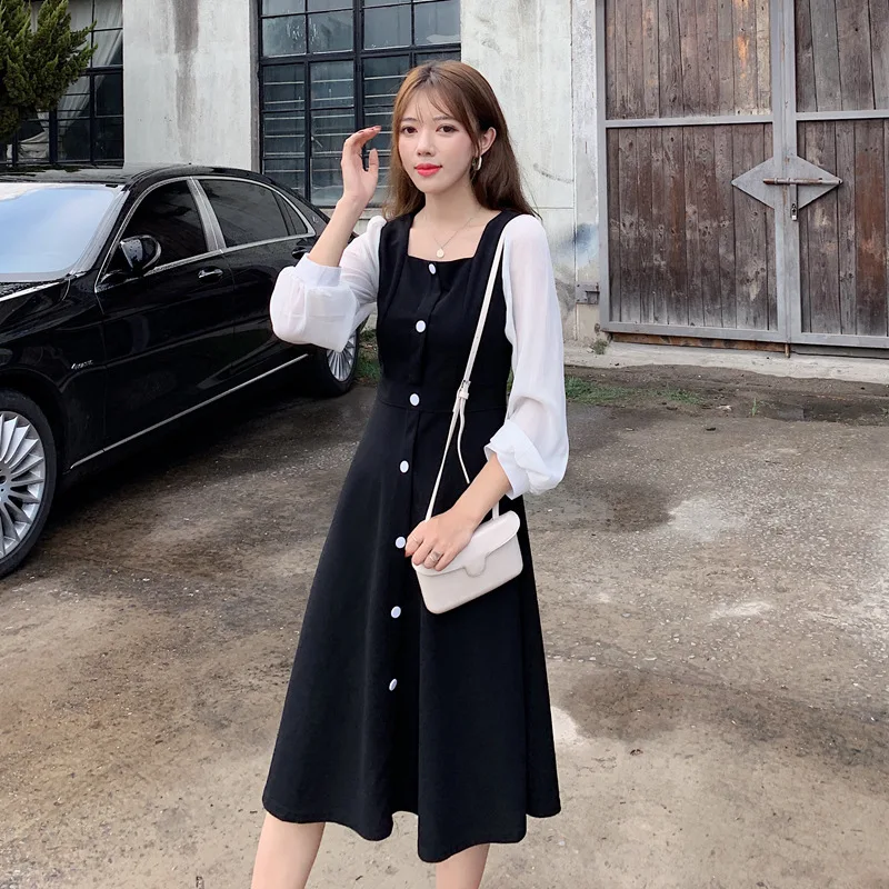 

2022Spring New French Square Collar Retro Pure Color Slimming Dress for Women Base Skirt