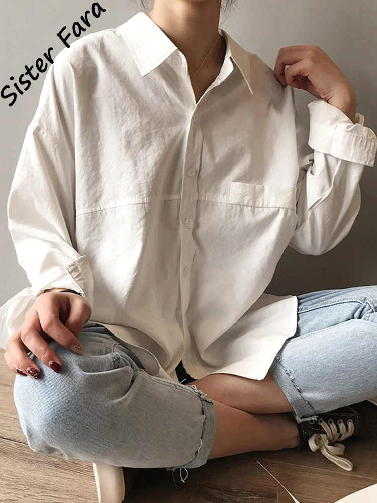 

Sister Fara Elegant Lapel Loose Shirts for Women Solid Long Sleeves Blouses Tops Autumn New Ladies Single-breasted Casual Shirts