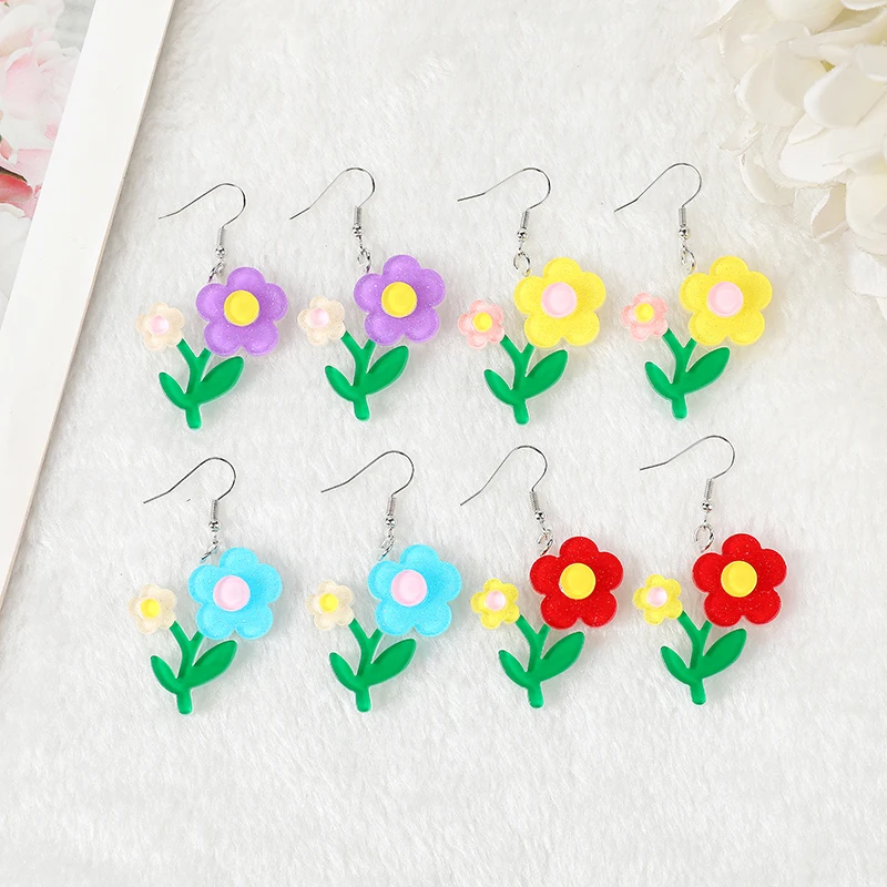 

1Pair Flowers Woman Dangle Earring Acrylic Multicolored Flower Charms Handmade Earring For Girl Birthday Gift