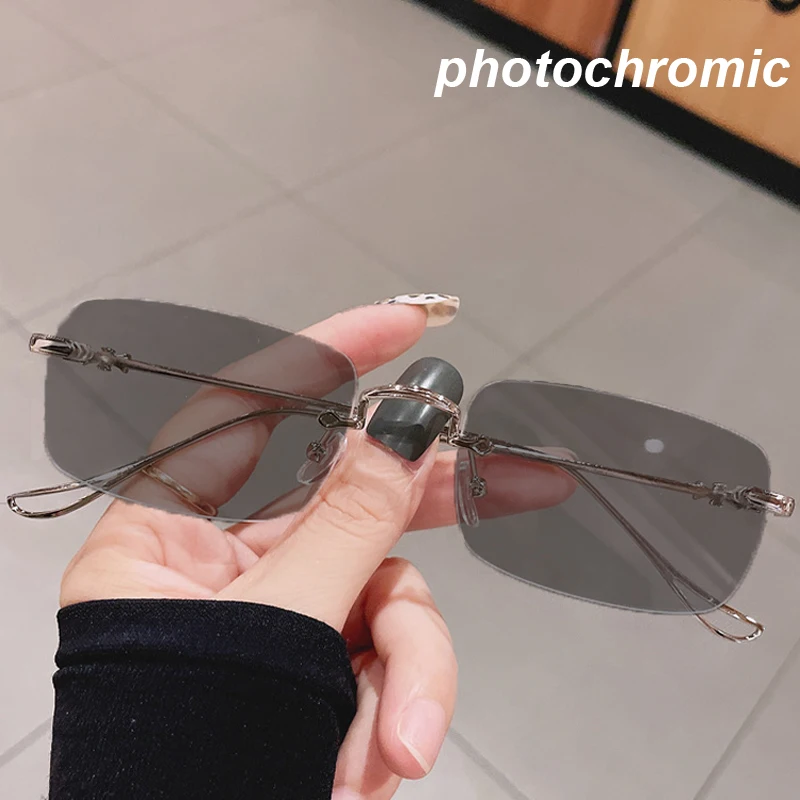 

Photochromic Glasses for Women Men Fashion Rectangular Rimless Myopia Glasses Vintage Trendy Outdoor Shades Sunglasses Diopter