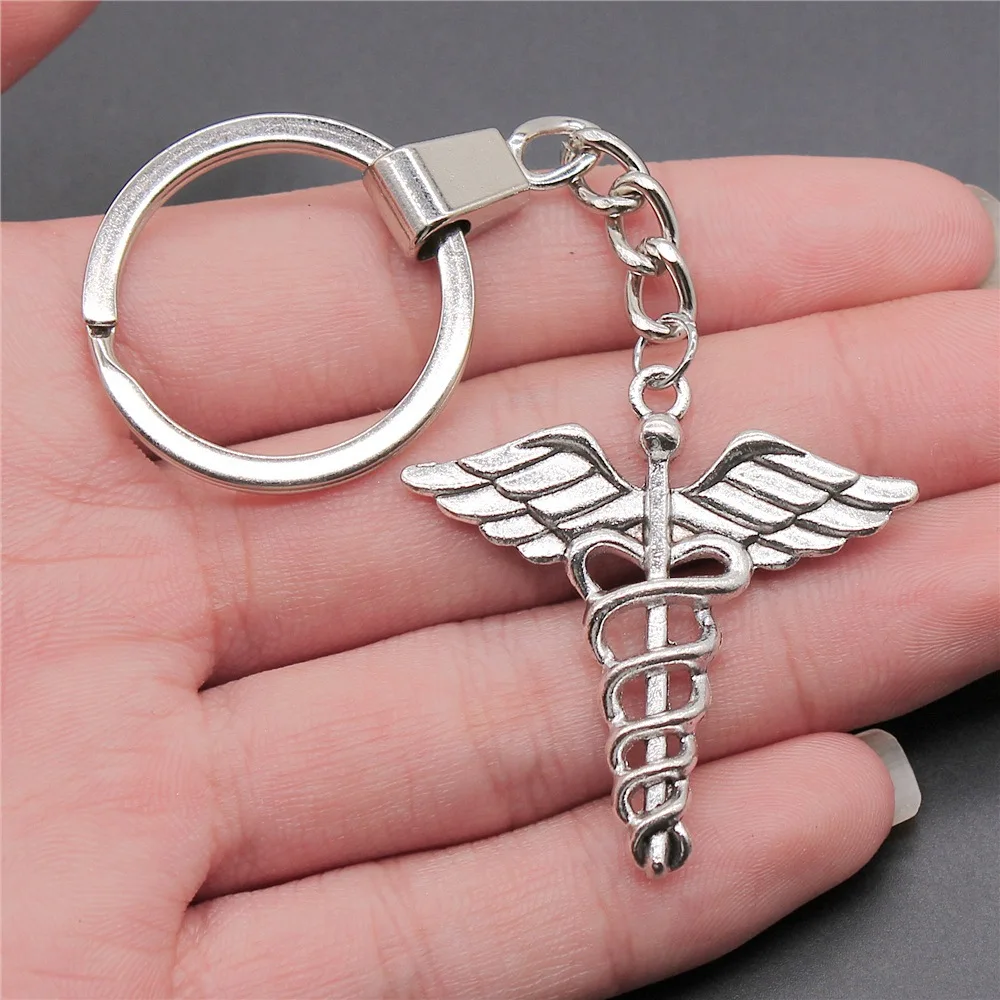 

Dropshipping Souvenirs Gift Men Keychain 2 Colors 40x40mm Caduceus Medical Symbol Pendant Keyring