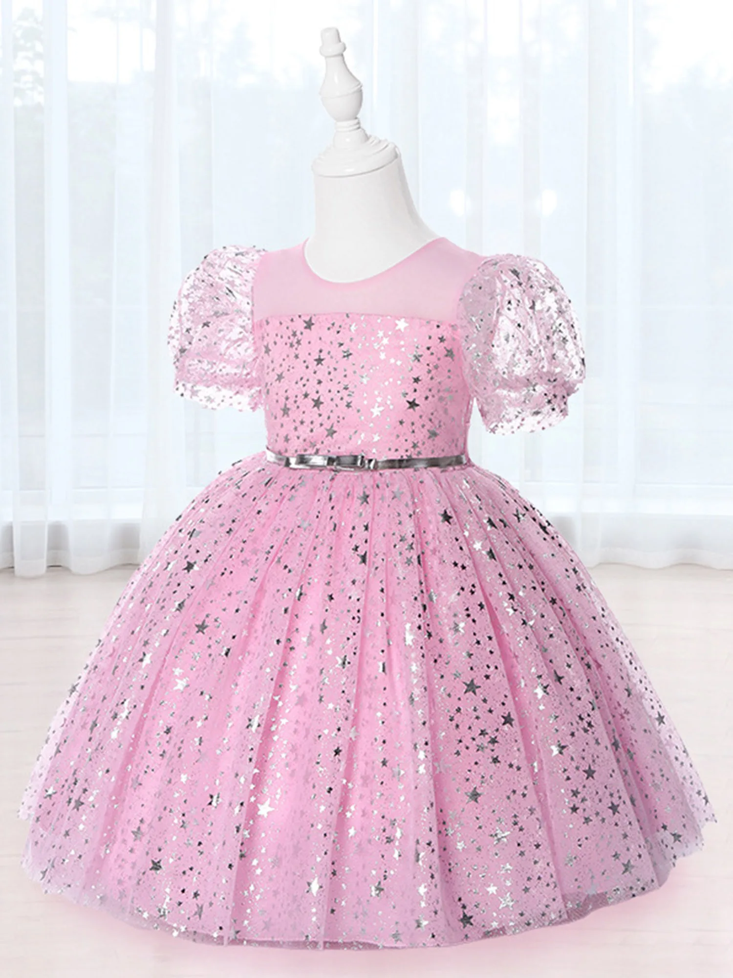 

Детское блестящее платье-пачка с принтом звезд, с коротким рукавом-фонариком