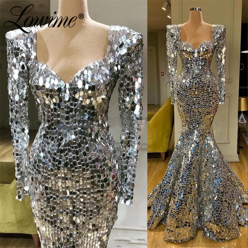 

Lowime Блестящие Серебряные Кристаллы Вечерние платья русалки с длинным рукавом арабское платье для вечеринки Дубай роскошные женские платья