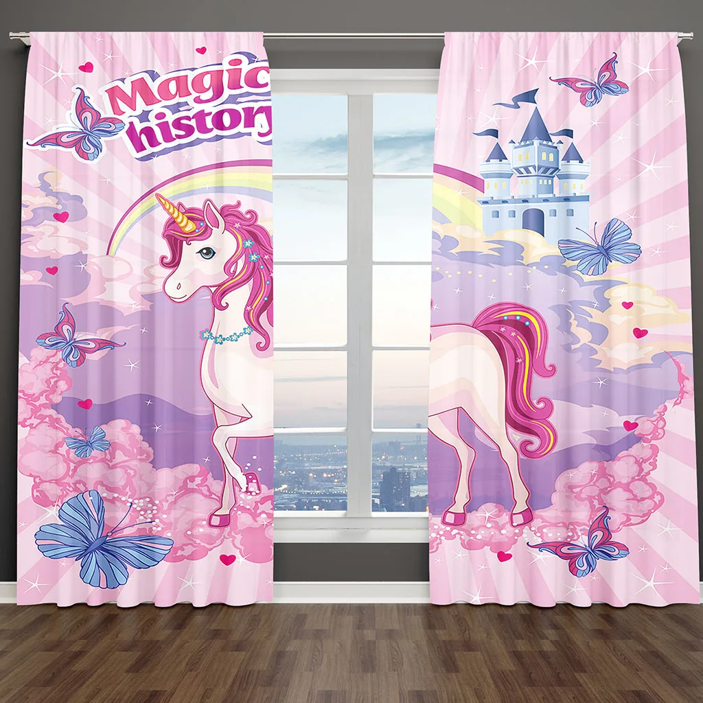 

Cute Cartoon Pink Rainbow Unicorn Horse Colorful Girl Shading Window Curtains for Kids Living Room Bedroom Bathroom Door 2Pieces