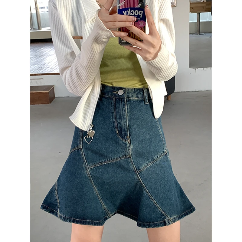 2022 Summer Vintage Blue Women Denim Trumpet Skirt Streetwear Style Casual Classic High Waist Ladies Shor Mermaid Jean Skirt