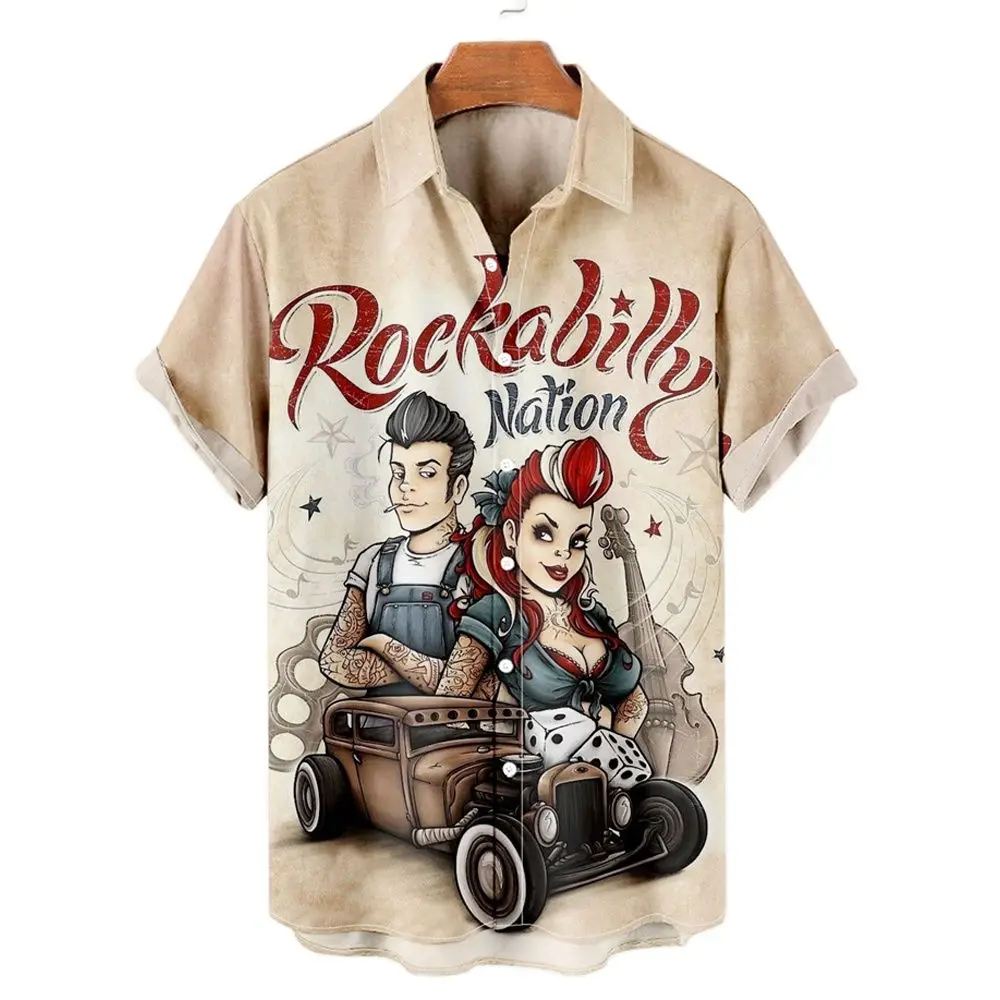 Shirts For Men 3D Vintage Fashion Violin Rocker Printed Rockabilly Hawaiian Shirt Short Sleeve Tops Homme Harajuku Ropa Hombre