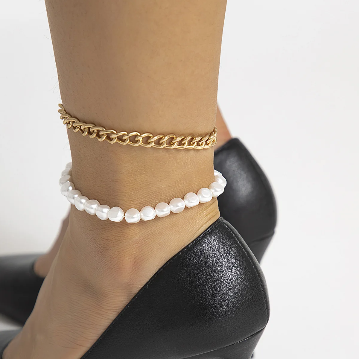 

Ailodo Minimalist Imitation Pearl Anklets For Women Gold Color Cuban Link Chain Anklets Summer Beach Fashion Jewelry Girls Gift