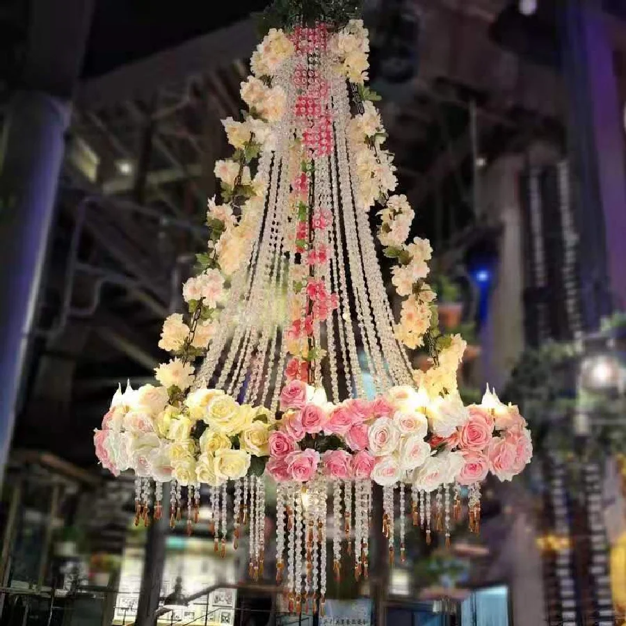 

Simulation Rose Crystal Chain Tassel Pendant Light Theme Hollow Restaurant Wine Market Romantic Industrial Chandelier