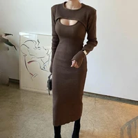 black sexy hollow out sweater dress party club midi dresses chic sling dress with shawl casual solid rib long sleeve streetwear
