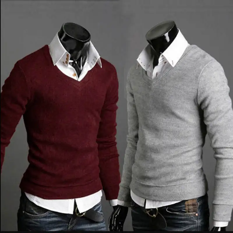 Varsanol Cotton Sweater Men Long Sleeve Pullovers Outwear Man V-Neck sweaters Tops Loose Solid Fit Knitting Clothing 7Colors New