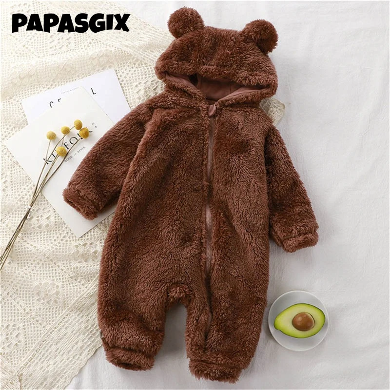 

Winter Newborn Warm Rompers Baby Plush Outerwear Children's Pajamas New Design Cute Bear Hooded Bodysuits Girls Boys Clothing