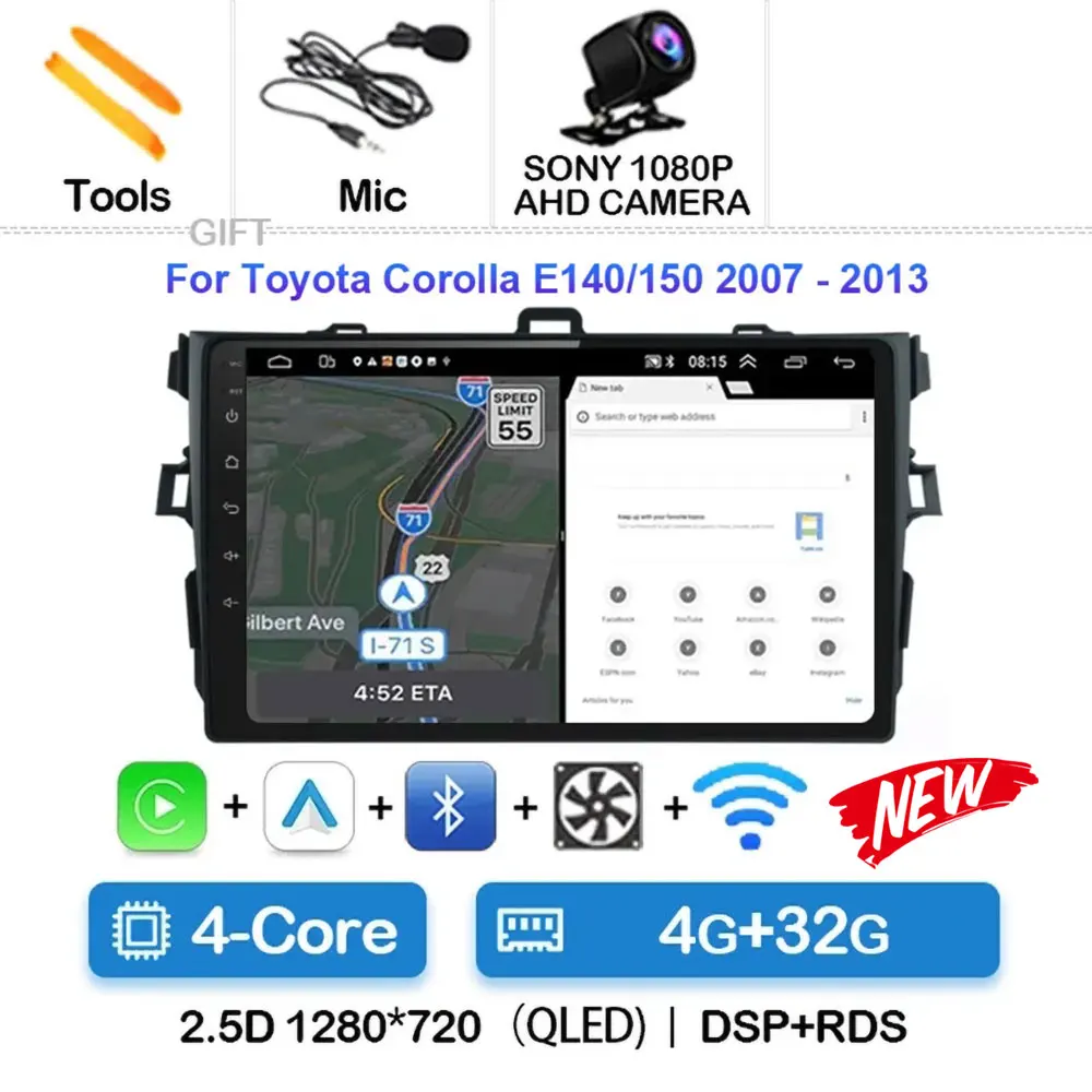 

Автомобильный мультимедийный плеер Android 15, для Toyota Corolla E140/150 Auris E180 2004-2013, Carplay, Android, авторадио, автомобильное радио, 4G DSP