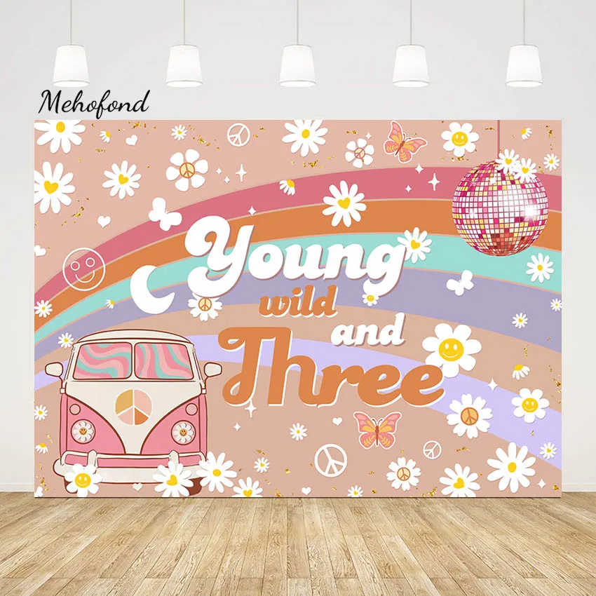 

Mehofond Young Wild And Three Theme Photography Backdrop Child Birthday Party Boho Groovy Car Decor Daisy Background Photocall
