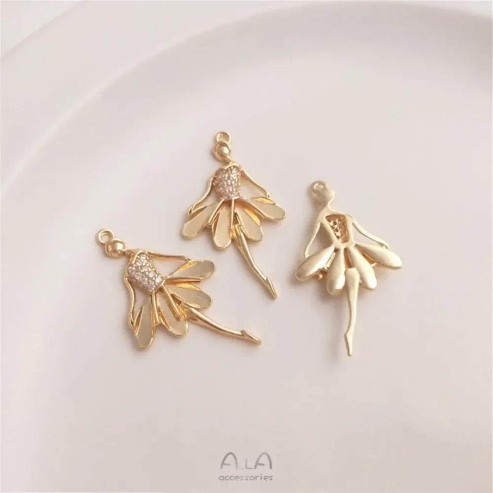 14 К Золото Микро Инкрустация Цирконом Танцующая Девушка Балетная Кулон DIY