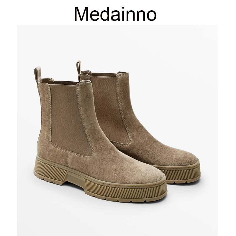 

Medainno 2022 Autumn Winter New Fashion Women Genuine Leather Round Head Mid Heel Thick Sole Martin Boots Simple Casual Female