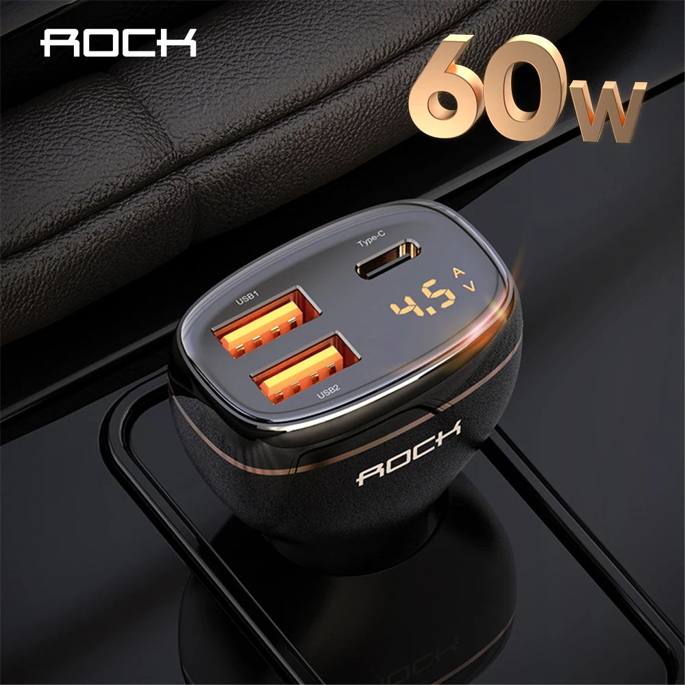 

ROCK 60W 3 Port Car Charger Digital Display QC4.0 QC3.0 Type C PD 33W Fast Car Charging Charger For iPhone 13 12 Pro Max Samsung
