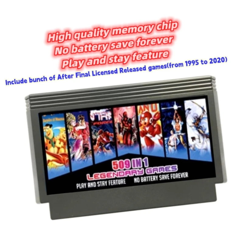 

Legendary Games 509 in 1 Game Cartridge for FC Console 1024MBit Flash Chip In Use Game Card Chip Memory No Battery Save Forever