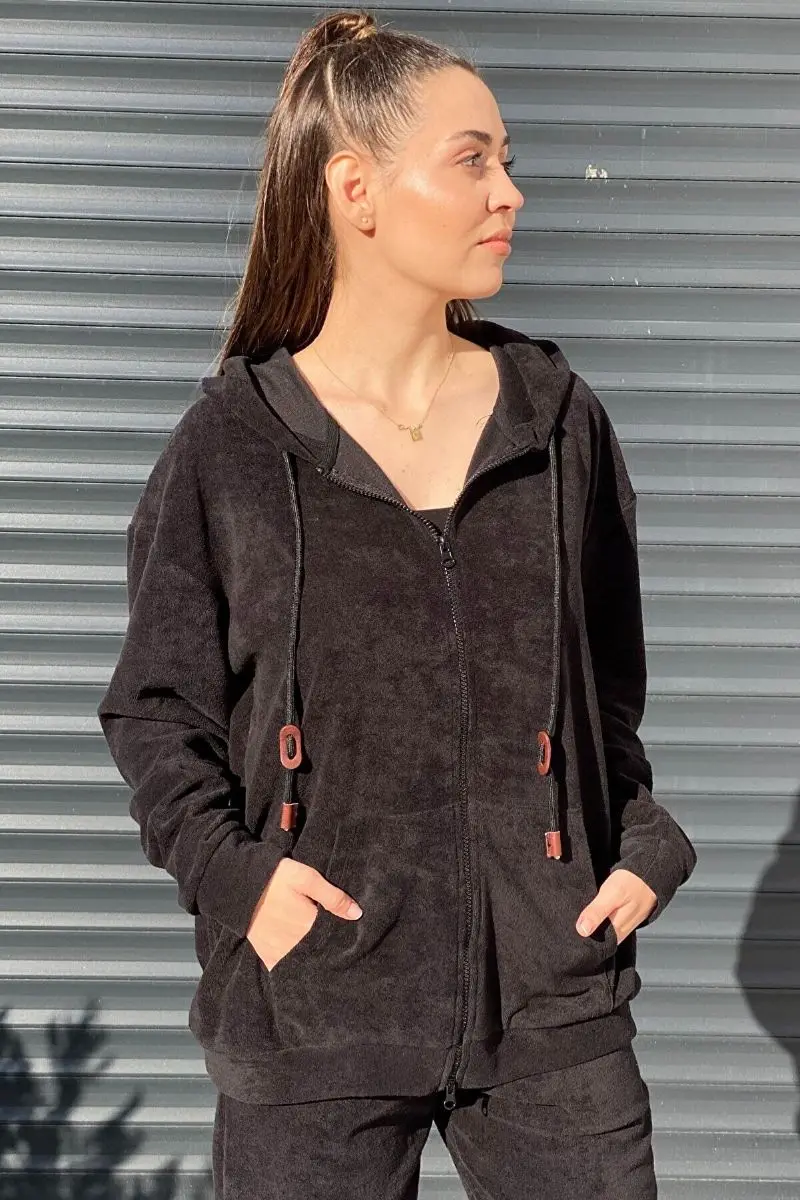 

Black towel fabric zipper sweatshirt