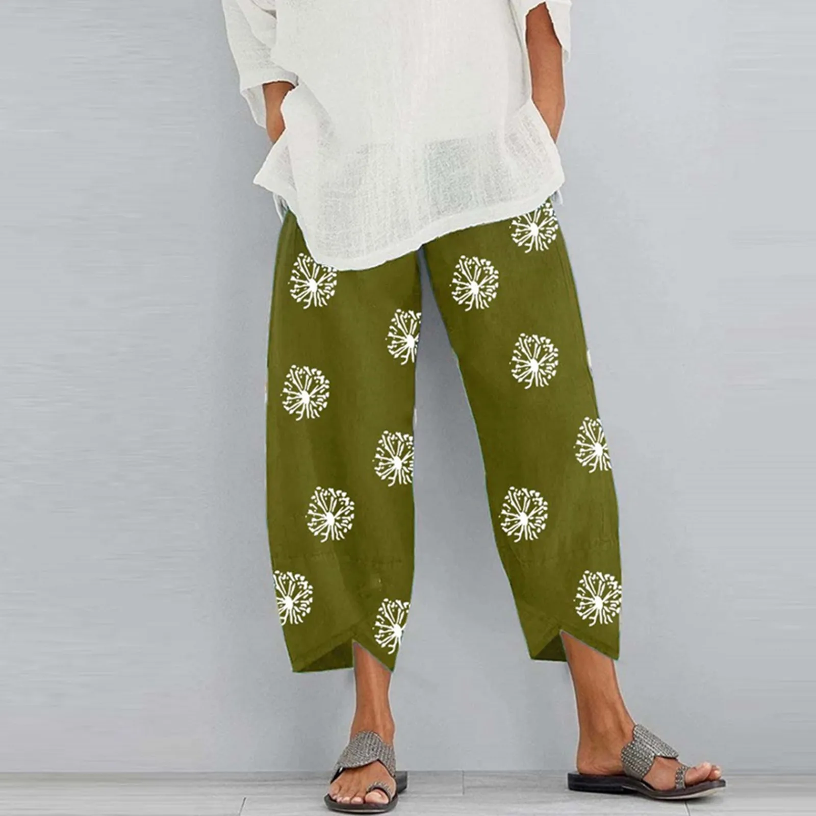 

Брюки-султанки женские с цветочным принтом, винтажные повседневные широкие штаны с эластичным поясом, свободные длинные укороченные штаны, на лето