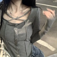 2022 pure desire y2k hot girl scheming collarbone thin autumn bottoming shirt womens long sleeved thin slim short top