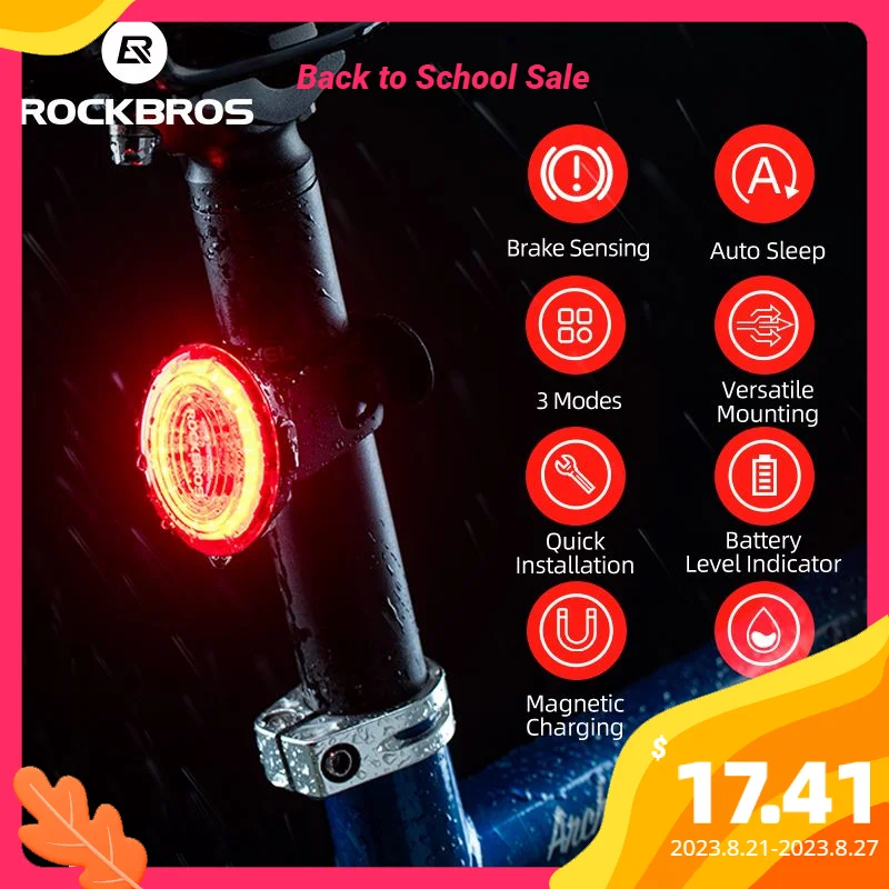 

ROCKBROS Bike Rear Light Bicycle Smart Auto Brake Sensing Magnetic Rechargeable lPx7 Waterproof LED MTB Road Bike Taillight