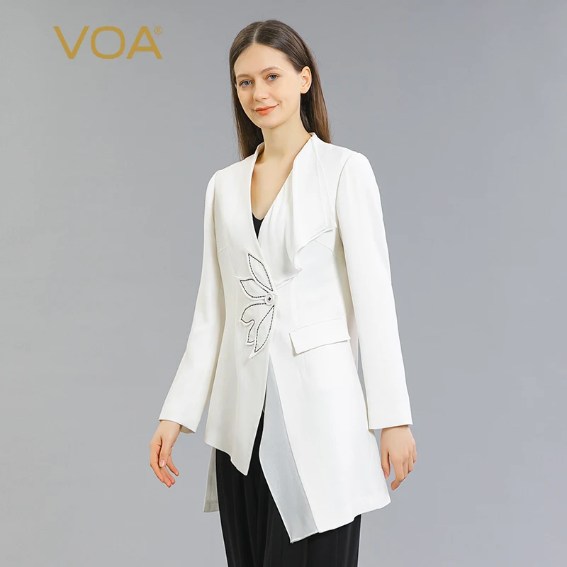 

VOA Silk Long Sky Heavyweight 60m/m White V-Neck Single Button Georgette Fabric Patchwork Long Sleeve Topstitched Jacket WE171