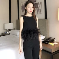 2022black patchwork feathers korean fashion shirt top women round neck sleeveless slim tops female 2021 summer clothing