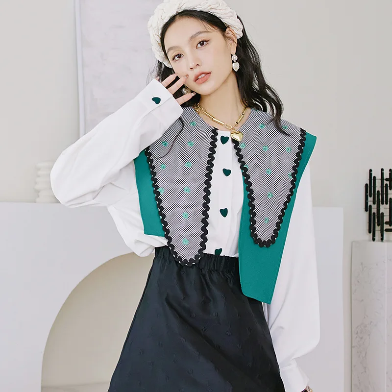 

Женская блузка с отложным воротником, белая клетчатая блузка большого размера с длинным рукавом, свободная рубашка, модные топы во французс...