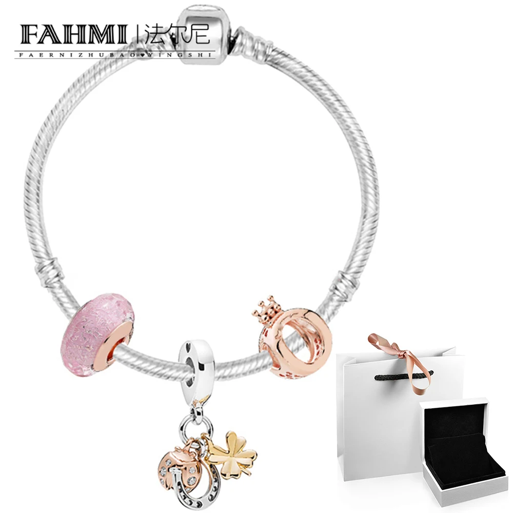 

2020 100% 925 Sterling Silver Pink Sparkling Glass Beaded Rose Gold Crown Letter Clover and Ladybug Bracelet XZT0086 Gift Box