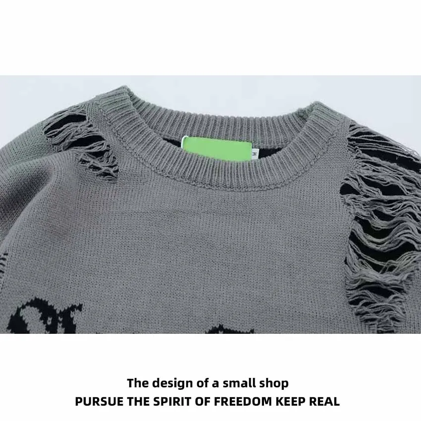 European and American Fashion Brand Knife Cut Hole Black Sweater Men's Women's Autumn Winter Hiphop Cou...